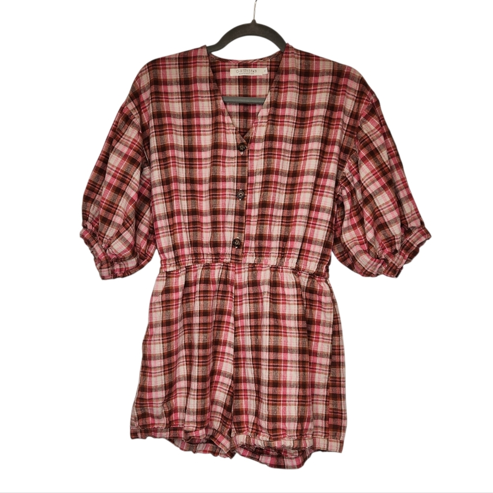 Christy Dawn The Jude Apple Plaid Romper Puff Sleeves Size Medium